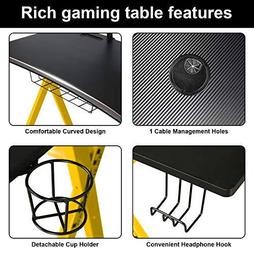 lazzo 42" Gaming Desk,Home Office Desk with Detachable Monitor Stand,Storage Basket,Speaker Holder,Cup Holder,Headphone Hook & Cable Management,Computer Gaming Table, Yellow