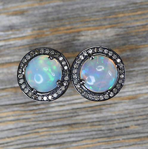 Large Round Opal Stud Earring- Real Opal Pave Diamonds- Oxidized Sterling Silver 10mm- October Birthstone Birthday Women's Jewelry Gift Idea-Holiday