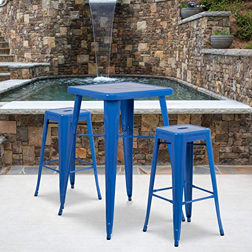 Flash Furniture 23.75'' Square Blue Metal Indoor-Outdoor Bar Table Set with 2 Square Seat Backless Stools