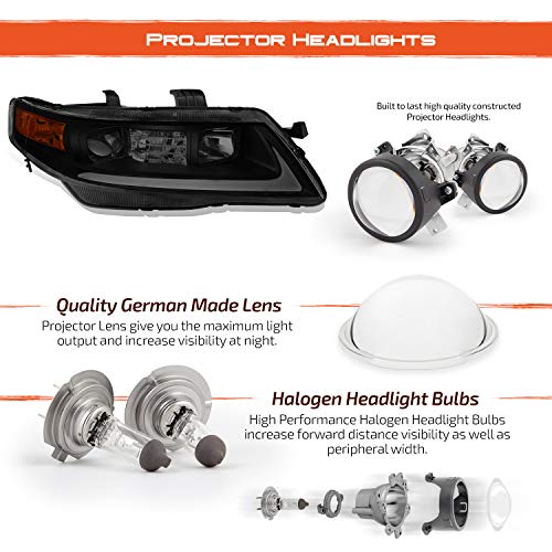Fits 2004-2008 Acura TSX CL9 LED Tube Projector Front Black Smoked Headlights Headlamps Pair