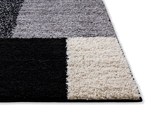 Modern Shag Geometric 8x10 (7'10" x 9'10") Area Rug Cubes Black & Cream Plush Shag Blocks & Squares Plush Shag Easy Care Thick Soft Plush Living Room�