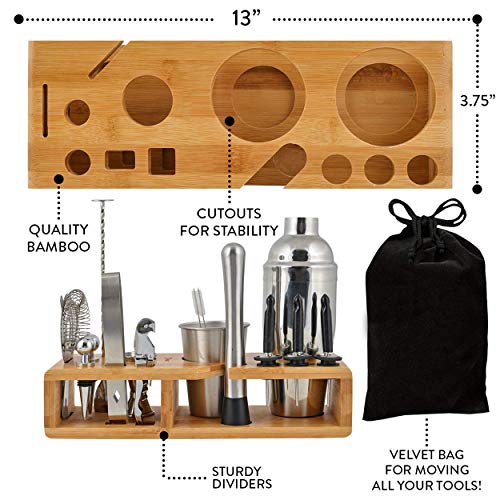 20 Piece Cocktail Shaker Bartender Kit: hIGH Quality Stainless Steel Bar Tools/Accessories With Bamboo Stand. Velvet Bag Included.