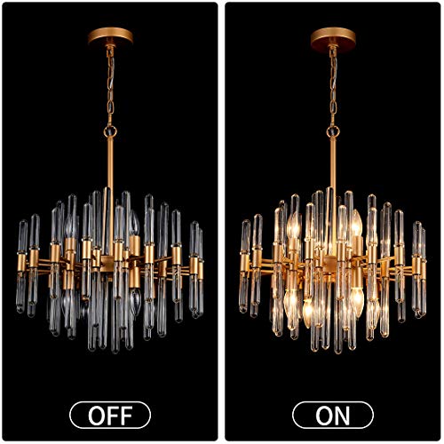TZOE Modern Chandeliers,Crystal Chandelier,8 Light Round Pendant Light,Width 19 inch,Golden Metal + Clear Glass,Adjustable Height,UL Listed