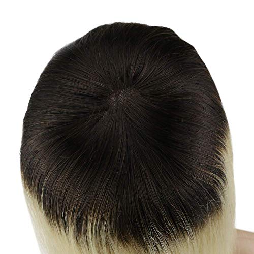 LaaVoo Topper Hair Pieces Straight Human Hairpieces for Women Ombre Darkest Brown to Light Blonde Ombre With Mono Base 5X5 inch Long Topper Hair Extensions 130% Density Free Part Human Hair