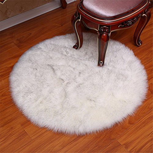 Faux Sheepskin Round Area Rug Silky Shag Rug Fluffy Carpet Rugs Floor Area Rugs Decorative for Living Room Girls Bedrooms,8 Feet,White with Grey Top