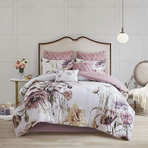 Madison Park Cassandra 8 Pc 100% Cotton Percale Large Floral Print with Reverse Solid Embroidered and Tufted Toss Pillows Shabby Chic All Season Comforter Bedding Set, Cal King, Blush
