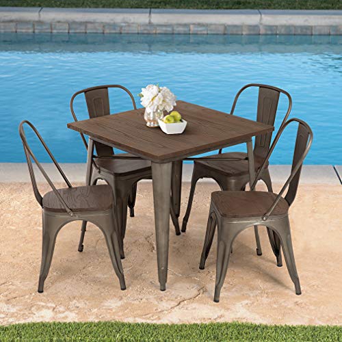 FDW 5-Piece Patio Table Set Square Metal Table Wood Top Table 31x31" 4 Chairs,Bronze