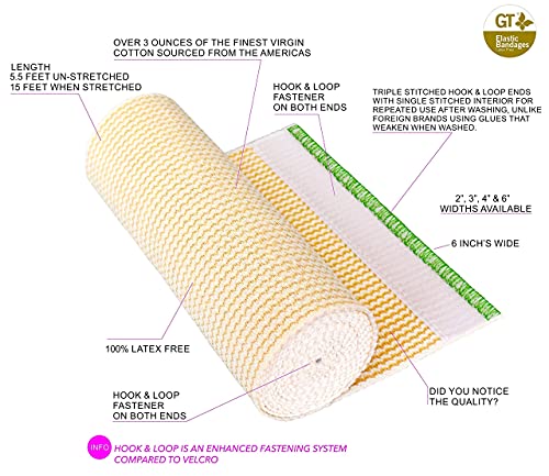 GT USA Organic Cotton Elastic Bandage Wrap (6" Wide, 50 Pack) | Hook & Loop Fasteners at Both Ends | Latex Free | Hypoallergenic Compression Roll for Sprains & Injuries