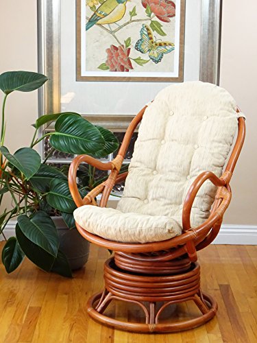 Java Lounge Swivel Rocking Chair with Cream Cushion Natural Rattan Wicker Handmade, Colonial