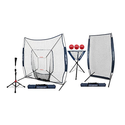 PowerNet All in ONE Coach Bundle (Navy) 7x7 DLX Practice Net + I-Screen +3Pack Weighted Training Ball