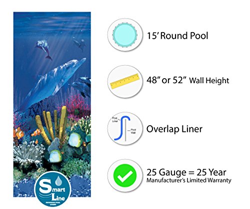 Smartline Antilles Dolphin 15-Foot Round Liner | Overlap Style | 48-to-52-Inch Wall Height | 25 Gauge Virgin Vinyl | Designed for Steel Sided Above-Ground Swimming Pools