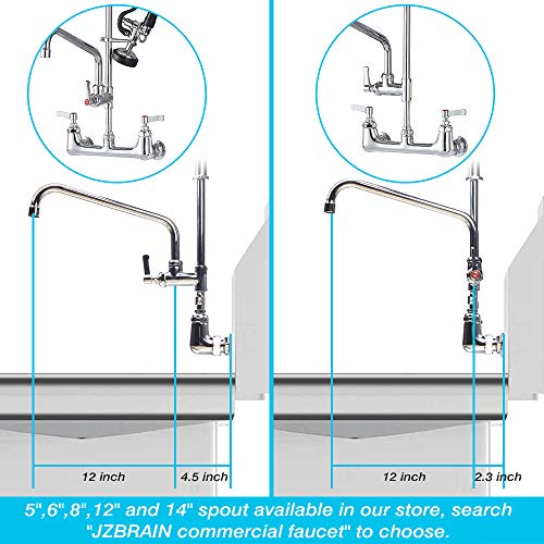 JZBRAIN Double Handle Commercial Kitchen 25" Height 8" Center Wall Mount Faucet with Pull Down Pre-Rinse Spray and Add-on Swing Spout