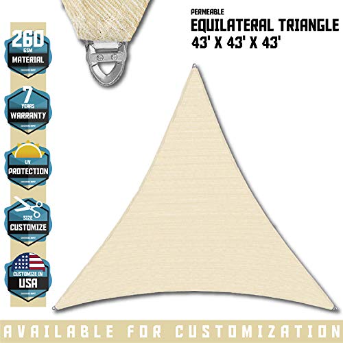 TANG Sunshades Depot A Ring Design Steel Cable Wire Reinforcement 43'x43'x43' Equilateral Triangle Sun Shade Sails Beige Heavy Duty Permeable 260GSM UV Block Patio Garden Deck Dock Carport Cover