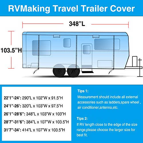 RVMasking Waterproof 150D Travel Trailer Rv Cover 26' 1"- 28' 6" L with Tongue Jack Cover and Adhesive Repair Patch, Ripstop Waterproof Camper Cover
