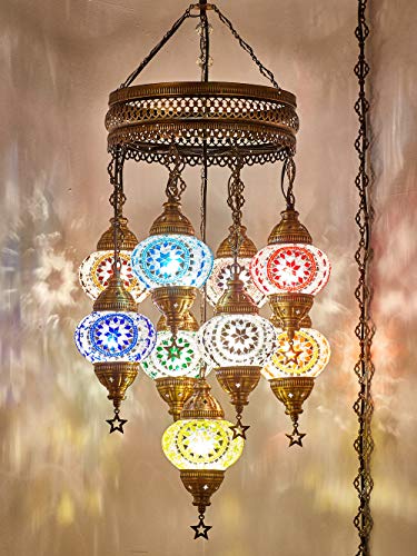 (Customizable Globes) DEMMEX 2019 Hard-Wired or PLUGIN 1,3,5,7,9 Globes Chandelier Lights Turkish Moroccan Mosaic Ceiling Hanging Pendant Chandelier Light Lighting (9 Globes PlugIn, 41")