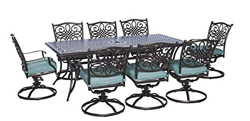 Hanover Traditions 9Pc Cast Aluminum Outdoor Patio Dining Set, 8Swivel Rocker Chairs & 42"x84"Rectangle Table, Red, TRAD9PCSW8-BLU