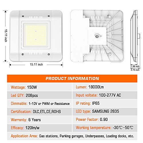 LED Canopy Light Adiding 150W Carport Driveway Gas Station Ceiling Light(600W HID/HPS Equivalent)-120Lm/W 5000K Daylight White 100-277V IP65 for Warehouse Garages Underpasses Parking Lot ETL G2