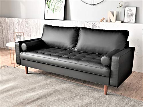 Container Furniture Direct Orion Mid Century Modern PU Leather Upholstered Living Room Loveseat with Bolster Pillows, 69.68" Black
