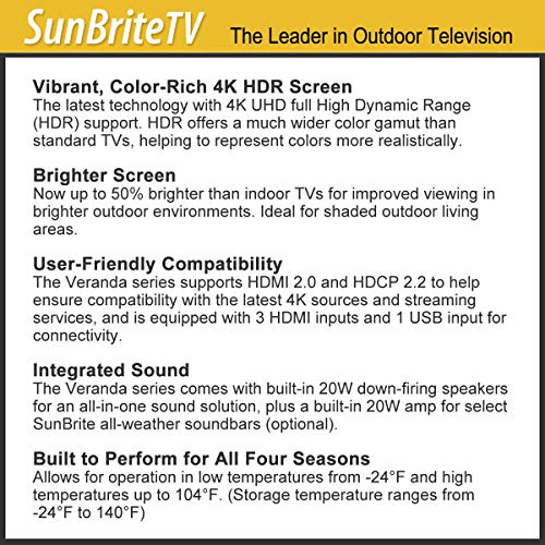 SunBriteTV Weatherproof Outdoor 65-Inch Veranda (2nd Gen) 4K UHD HDR LED Television - SB-V-65-4KHDR-BL Black