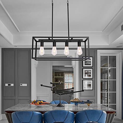 VINLUZ Rectangular Metal Chandelier.6 Light Black Linear Industrial Pendant Lights Cage Island Ceiling Lighting Fixture for Dining Room Kitchen