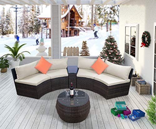 LZ LEISURE ZONE 6-Piece Outdoor Patio Sofa Furniture Sets Half-Moon Sectional Wicker W/ Two Pillows & Coffee Table Beige Cushions