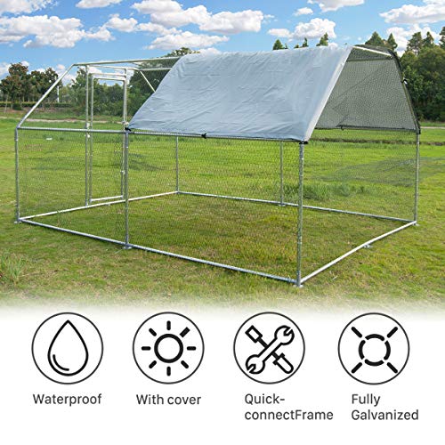 Large Metal Chicken Coop Walk-in Poultry Cage Hen Run House Rabbits Habitat Cage Flat Roofed Cage with Waterproof and Anti-Ultraviolet Cover for Outdoor Backyard Farm Use (9.2' L x 12.5' W x 6.4' H)
