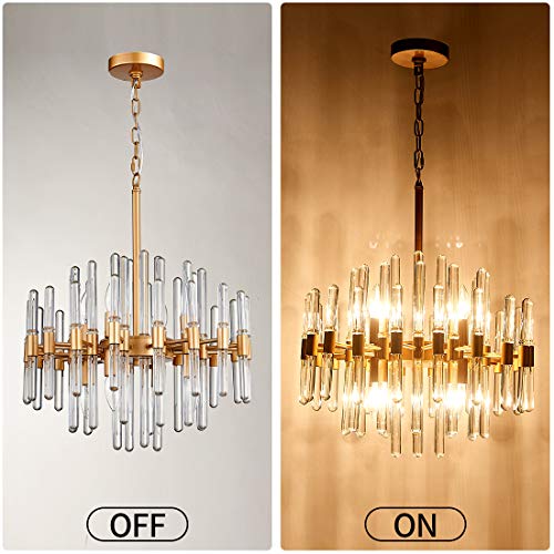 TZOE Modern Chandeliers,Crystal Chandelier,8 Light Round Pendant Light,Width 19 inch,Golden Metal + Clear Glass,Adjustable Height,UL Listed