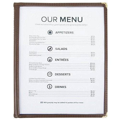 (60 Pack) 4 Page Book Fold Menu Covers, Brown, 8 View, 8.5 x 11-inches Insert Menu Covers with Double Stitched Binding and Protective Corners