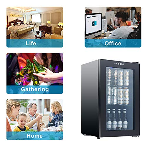 KUPPET Mini Fridge Cooler - 85 Can Beverage Refrigerator Glass Door for Beer Soda or Wine, Glass Door Small Drink Dispenser Machine Clear Front Removable for Home, Office or Bar, 2.6Cu.Ft