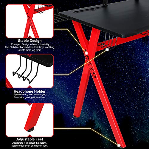 LAZZO X Type Computer Gaming Desk 41" Home Game Table Desk with Display Support Plate, Cup Holder and Headphone Hook,Gamer Workstation, Curved Front Desktop,Red & Black Design(41" Wx23.5 D)