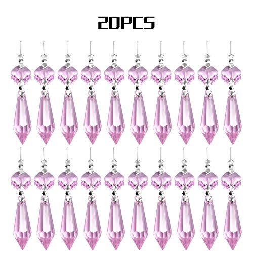 20 Pieces Chandelier Icicle Crystal U-Drop Prisms Lamp Parts Glass Pendants Beads for Wedding, Party or Holiday Decoration, 37mm, Pink