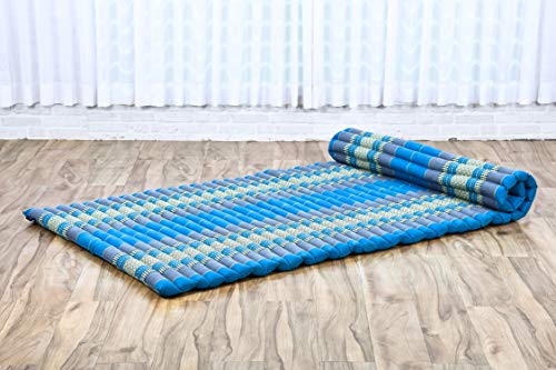 LEEWADEE Rollable Floor Mat L – Comfortable and Rollable Thai Mattress, Soft Massage Mat Filled with Eco-Friendly Kapok, Perfect to Use as a Sleeping Mat 75 x 41 inches, Light Blue