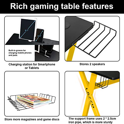 lazzo 42" Gaming Desk,Home Office Desk with Detachable Monitor Stand,Storage Basket,Speaker Holder,Cup Holder,Headphone Hook & Cable Management,Computer Gaming Table, Yellow