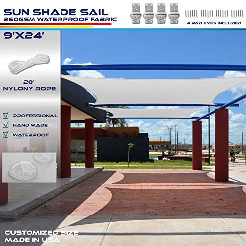 Windscreen4less Terylene Waterproof Sun Shade Sail UV Blocker Rectangle Sunshade Patio Canopy Sail 9' x 24' in Color Light Grey Included Free Pad Eyes 260GSM - Customized Sizes