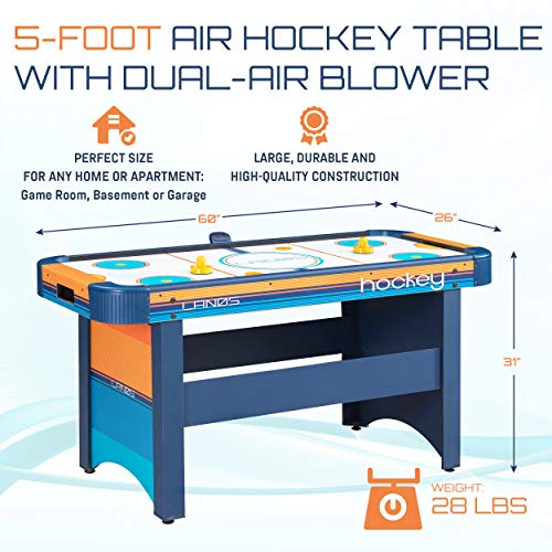 Lanos Air Hockey Table For Kids & Adults 5 Foot W/ Electronic Scoreboard Powerful Dual Blowers 4 Pushers 2 Pucks Ice Game Room