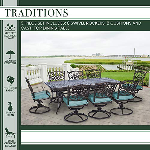 Hanover Traditions 9Pc Cast Aluminum Outdoor Patio Dining Set, 8Swivel Rocker Chairs & 42"x84"Rectangle Table, Red, TRAD9PCSW8-BLU