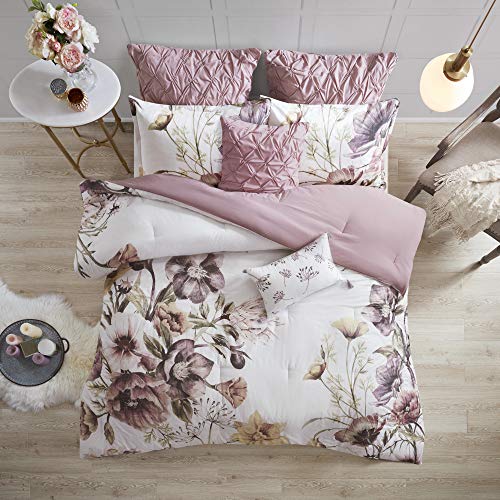 Madison Park Cassandra 8 Pc 100% Cotton Percale Large Floral Print with Reverse Solid Embroidered and Tufted Toss Pillows Shabby Chic All Season Comforter Bedding Set, Cal King, Blush