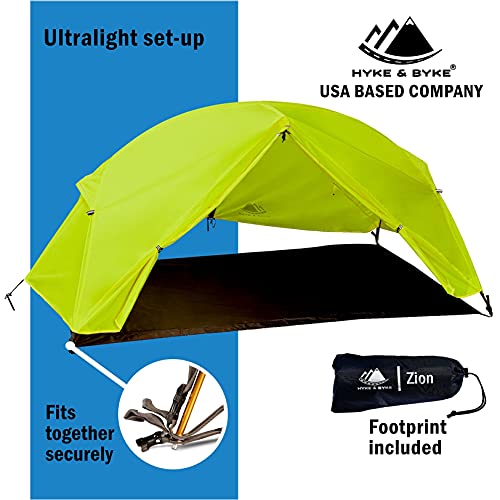 2 Person Backpacking Tent with Footprint - Lightweight Zion Two Man 3 Season, Waterproof, Ultra Compact 2p Freestanding Backpack Tents for Camping and Hiking by Hyke & Byke (Lime Green)