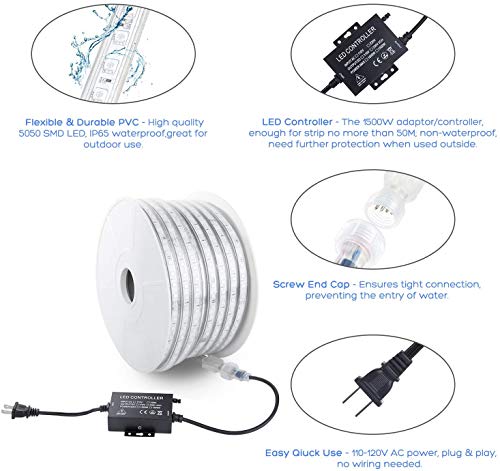 Brillihood Flexible LED RGB Rope Light Strip Multi Color Changing Dimmable Waterproof Indoor/Outdoor Remote Controller - (50m/164ft)