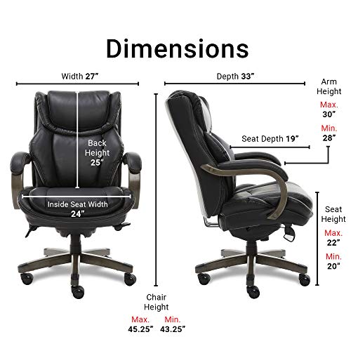 LaZBoy Big & Tall Executive Office Comfort Core Cushions, Ergonomic High-Back Chair with Solid Wood Arms, Bonded Leather, Black