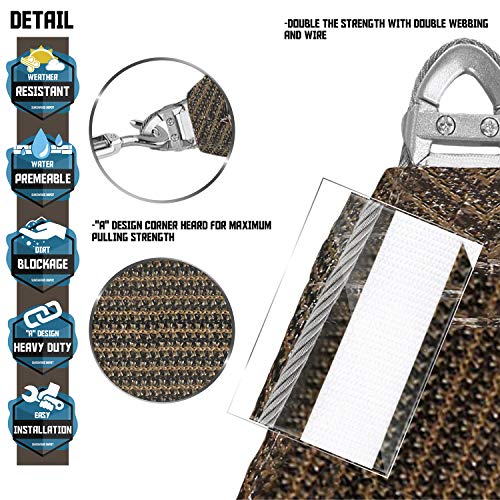 TANG Sunshades Depot A Ring Design Steel Cable Wire Reinforcement 28'x28'x28' Equilateral Triangle Sun Shade Sails Brown Heavy Duty Permeable 260GSM UV Block Patio Garden Deck Dock Carport Cover