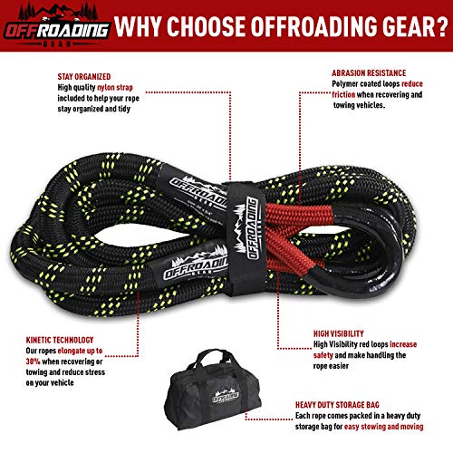 Offroading Gear 20'x 1-1/4" Kinetic Recovery & Tow Rope, Black (52,300 lbs), Better Than Snatch Straps