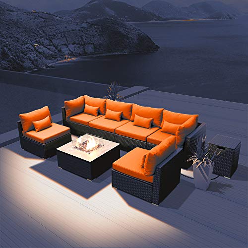 Modenzi Outdoor Sectional Patio Furniture W/ Propane Fire Pit Table Espresso Brown Wicker Resin Garden Conversation Sofa Set
