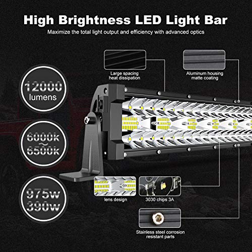TERRAIN VISION 52Inch Curved 975W + 22Inch 390W Light Bar Triple Row Spot Flood Combo Off Road Lights Kits + 4Pcs 4in 60W Driving Fog Lights W/Wiring Harness Kit For Jeep Trucks Boat Lighting