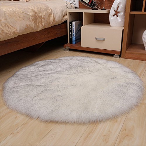 Faux Sheepskin Round Area Rug Silky Shag Rug Fluffy Carpet Rugs Floor Area Rugs Decorative for Living Room Girls Bedrooms,8 Feet,White with Grey Top
