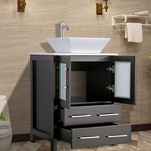 Vanity Art 84 Inch Double Sink Bathroom Vanity Compact Set 5 Cabinets 2 Shelves 13 Dove-Tailed Drawers Quartz Top and Ceramic Vessel Sink Bathroom Cabinet with Free Mirror VA3124-84-E