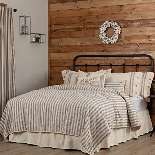 Piper Classics Market Place Gray Ticking Stripe California King Quilt, 103" x 103", Charcoal Gray & Natural Cream Quilted Country Farmhouse Style Bedding