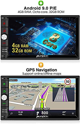 PUMPKIN 9.0 Double Din Car Stereo 4GB RAM GPS Wi-Fi BT Tethering Fastboot Backup Camera Android Auto USB SD 7in Touch Screen