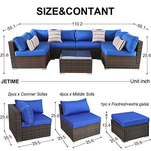 Outdoor Sofa Set Brown Rattan Couch Wicker 7PCS Sectional Conversation Lawn Garden Patio Furniture Set with Royal Blue Cushion