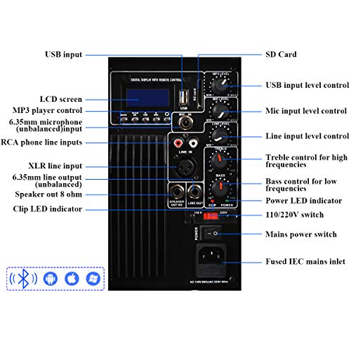 La fete Dual 2-Way 10'' 1600 Watt Powered PA Speaker System, Portable DJ Speaker with Active + Passive Speakers, 2 Speaker Stands, Microphone, Bluetooth, USB/SD Card, FM Radio, Remote Control